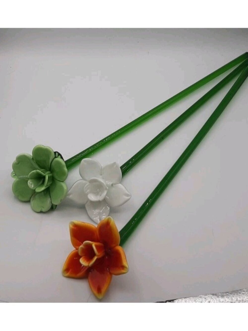 Murano Style Glass Long Stem Flowers Hand Blown 16 1/2 In Tulips Set of 3